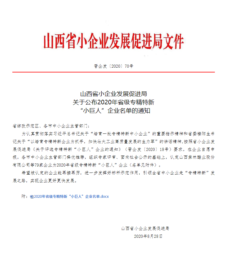 喜訊！熱烈慶祝我司被認定為山西省“專精特新”小巨人企業(yè)！